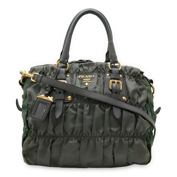 PRADA Gathered Handbag/Shoulder Bag, Nylon and Leather, Dark Gray Khaki, 1BA336 - Picture 1 of 10
